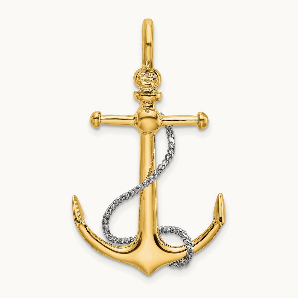 3-D Anchor w/T Bar and Rope w/Shackle Bail Charm, 14K Two-tone