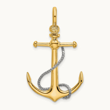 3-D Anchor w/T Bar and Rope w/Shackle Bail Charm, 14K Two-tone