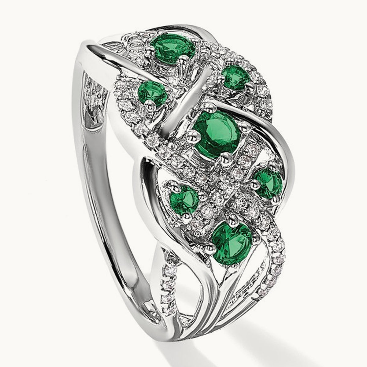 Diamond and Emerald Fancy Ring, 14K White Gold
