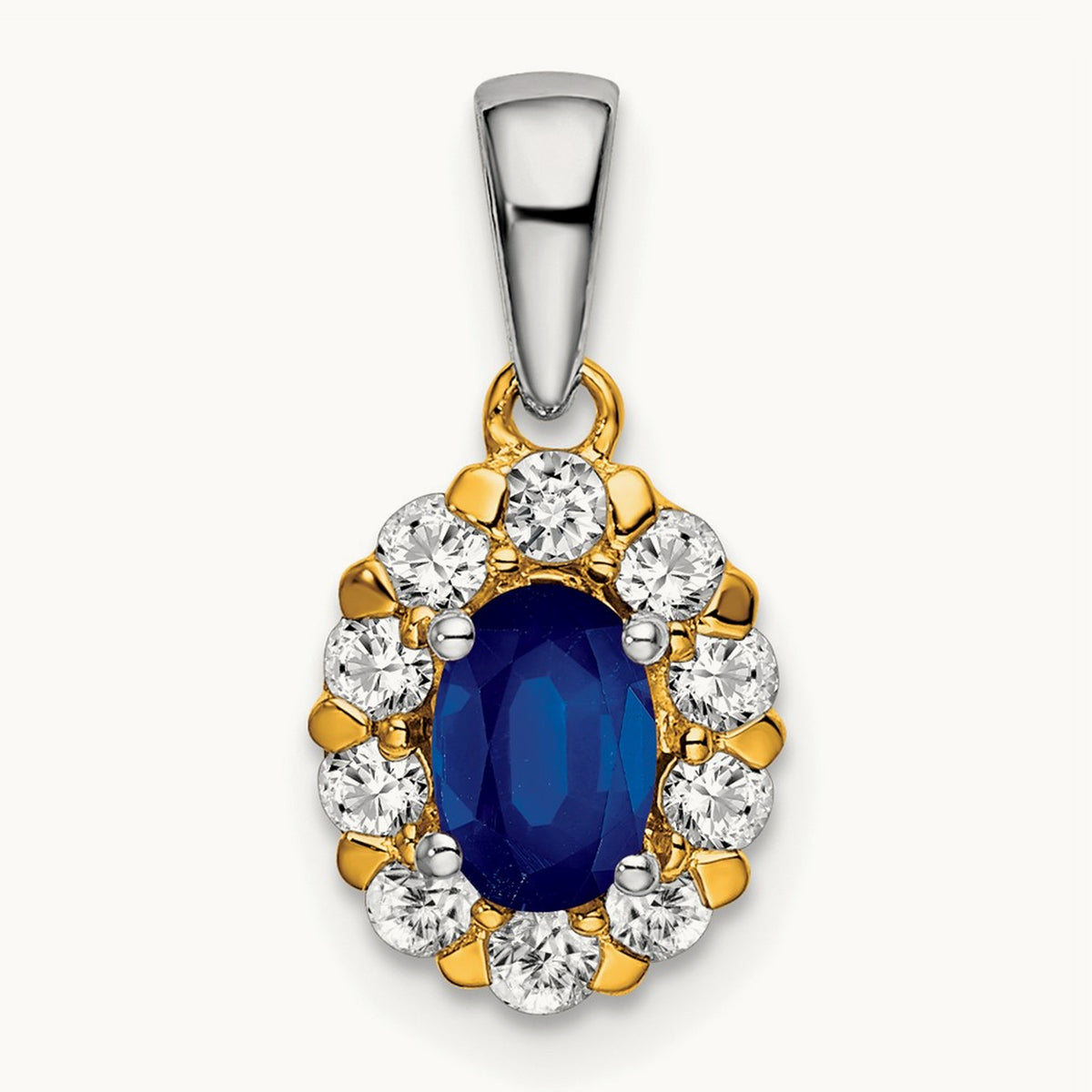 Oval Sapphire and Diamond Halo Pendant — 14K Two-Tone Gold