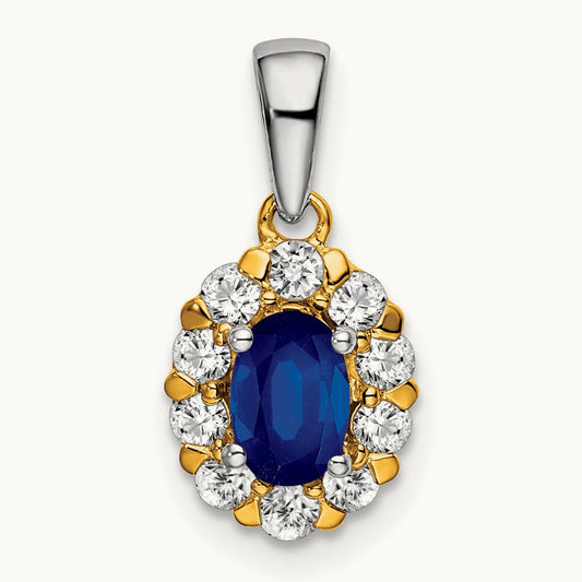 Oval Sapphire and Diamond Halo Pendant — 14K Two-Tone Gold