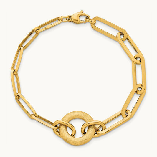 Polished And Brushed Paperclip Link With Circle Bracelet, 14K