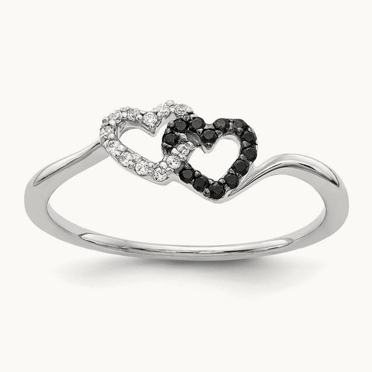 Black and White Diamond Double Heart Ring, 14K White Gold