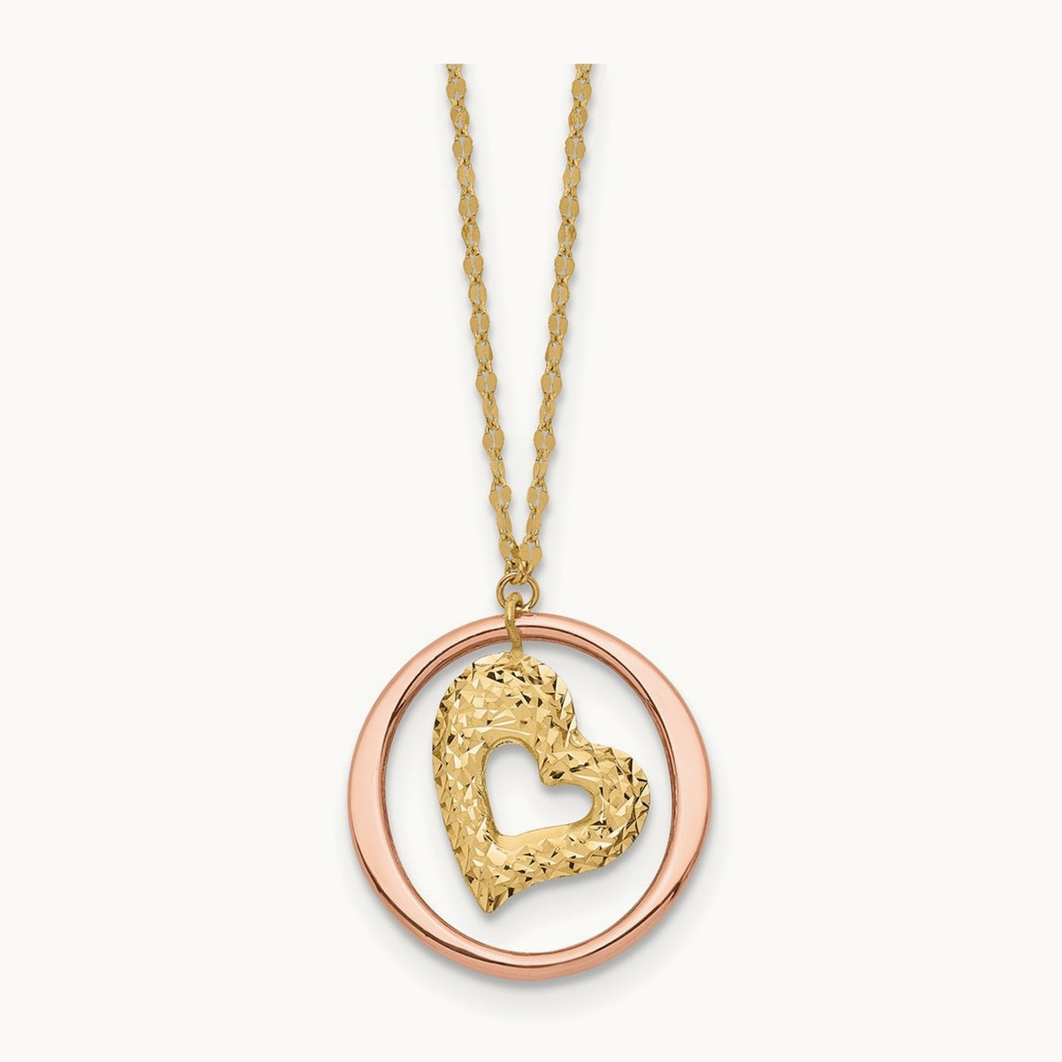 Fancy Link D/C Heart in Open Circle Necklace, 14K Two Tone