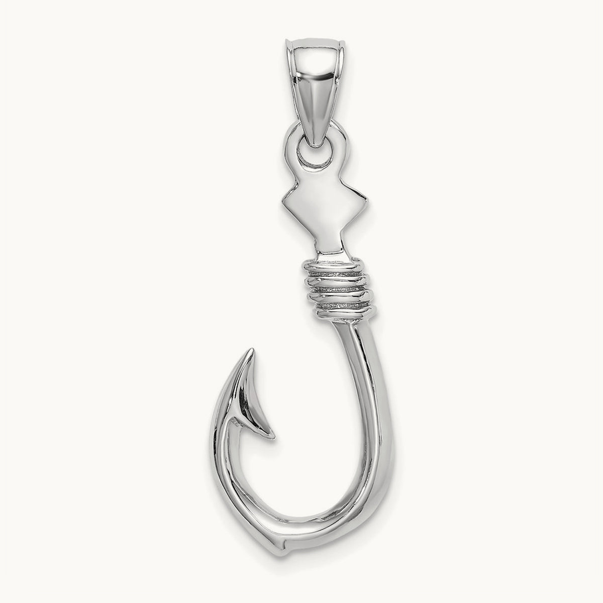 3-D Large Fish Hook with Rope Charm — 14K White Gold