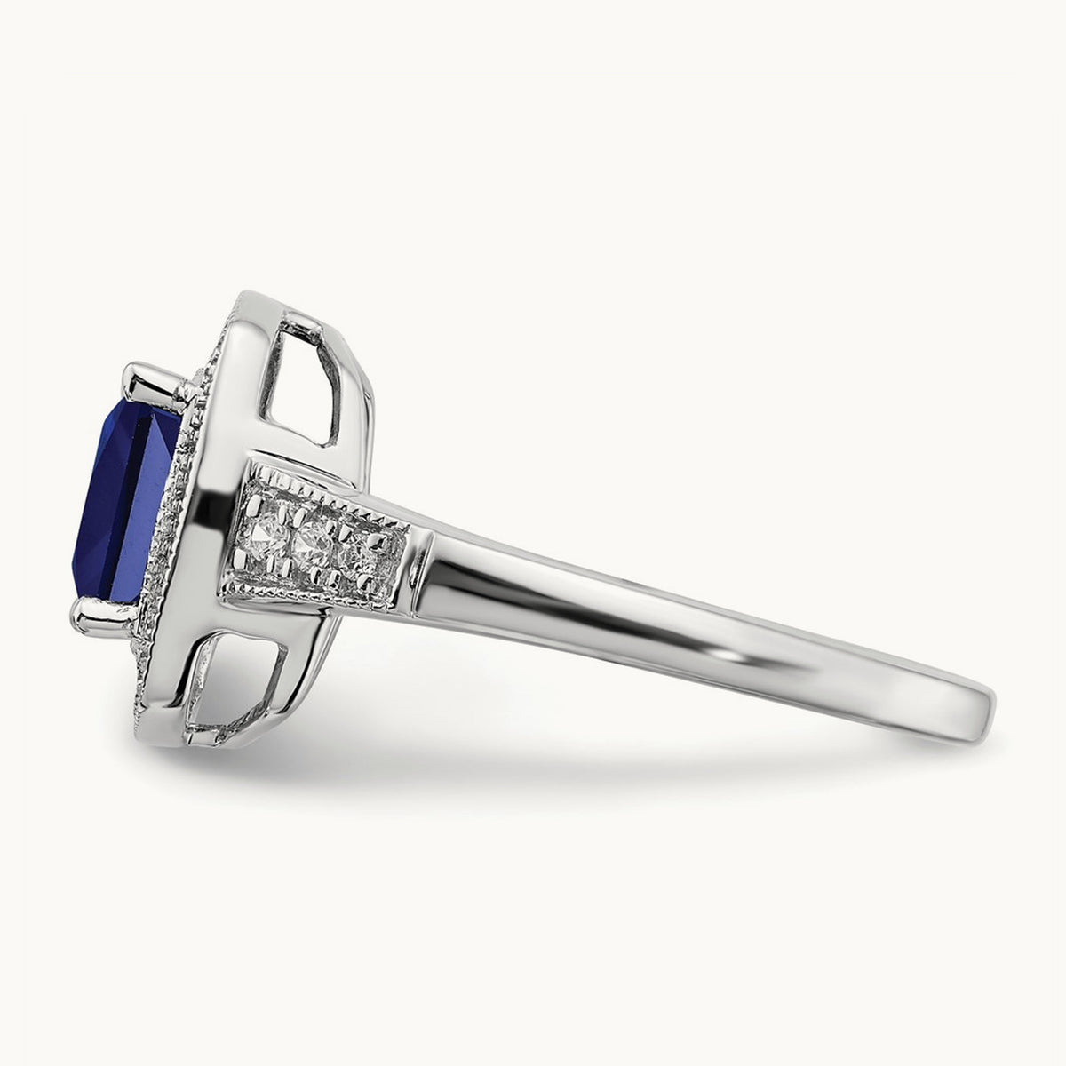Cushion Created Sapphire and Diamond Halo Ring, 14K White Gold