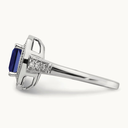 Cushion Created Sapphire and Diamond Halo Ring, 14K White Gold