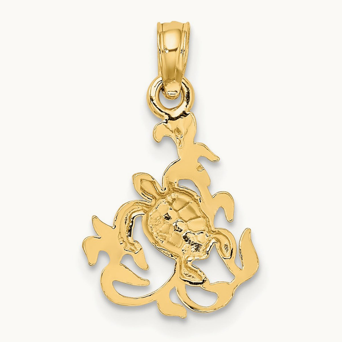 Textured Mini Sea Turtle and Kelp Charm, 14K
