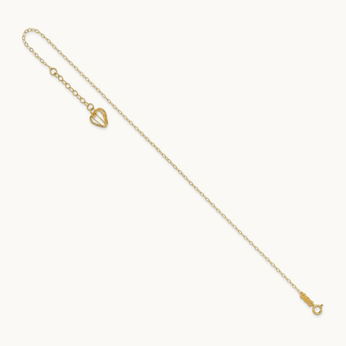 Oval Link Chain with Diamond-cut Heart Cage 9in Plus 1in Ext Anklet, 14K