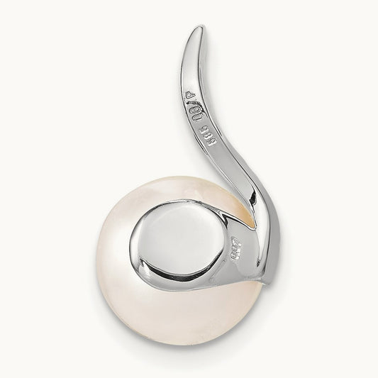9- White Button FWC Pearl and Diamond Pendant, 10mm, 14K White Gold