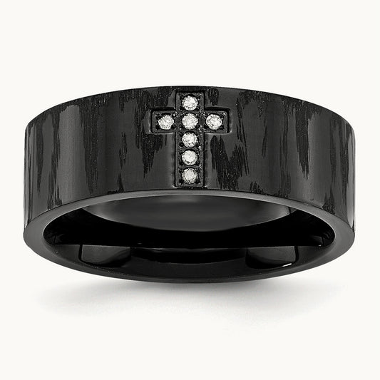 Stainless Steel Polished/Matte Black IP-plated Cross Band, 0.05 ct tw