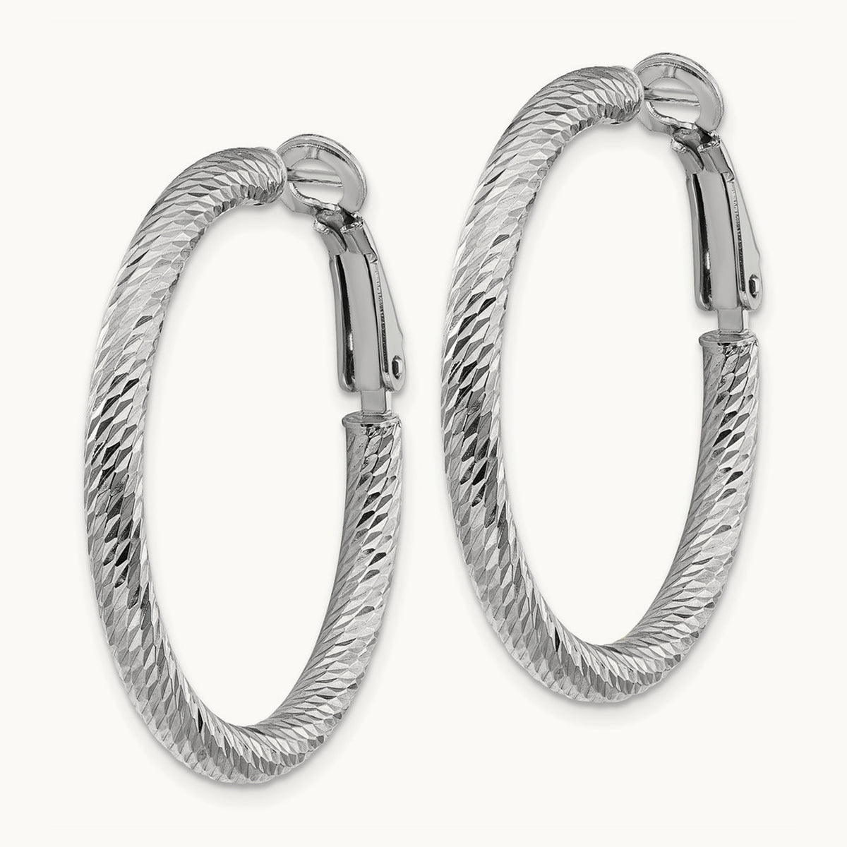 Diamond-cut Round Omega Back Hoop Earrings — 14K White Gold, 3x32mm