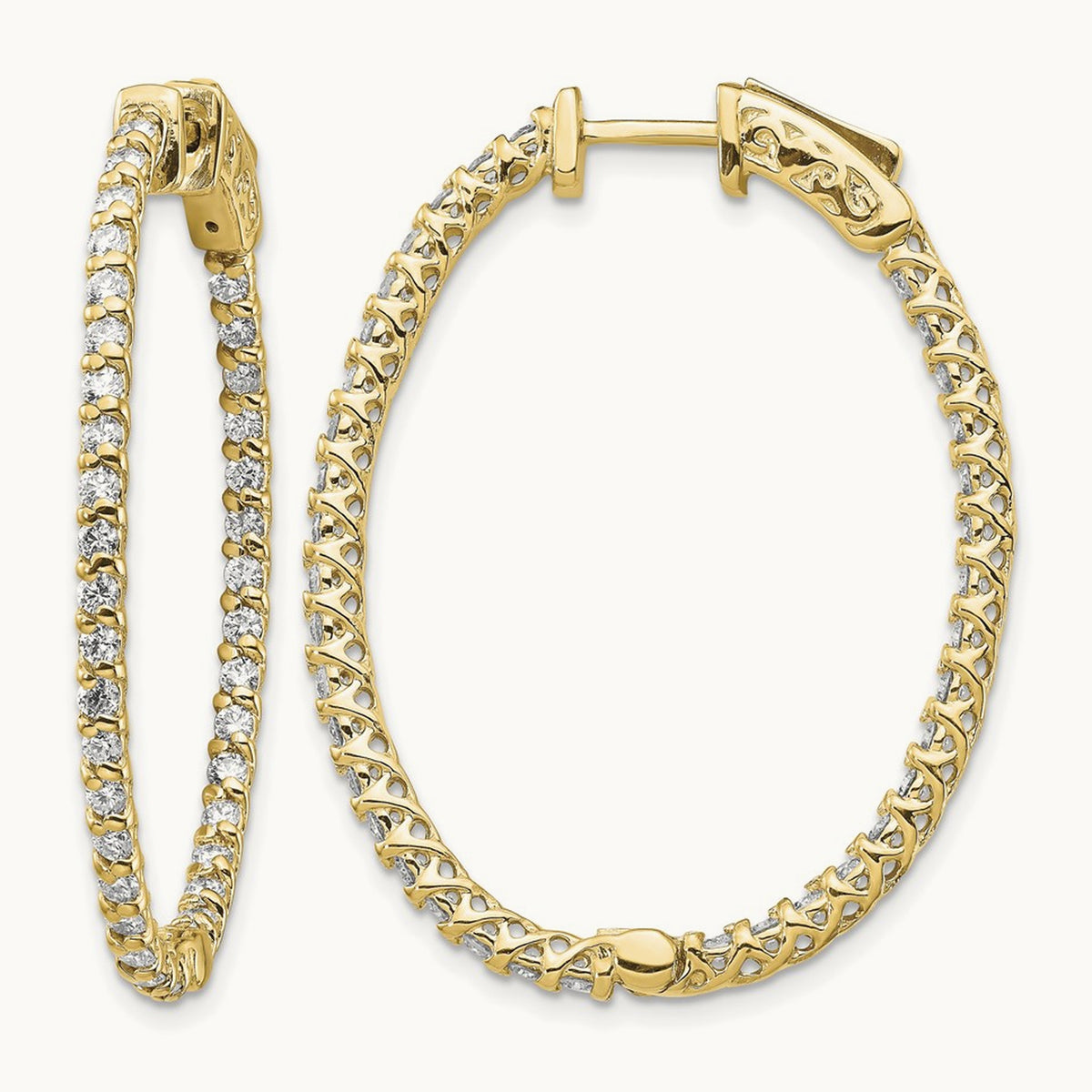 Diamond Oval Hoop w/Safety Clasp Earrings, 14K