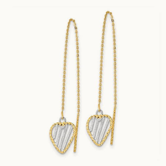 & Rhodium Polished Satin and D/C Heart Threader Earrings, 14K