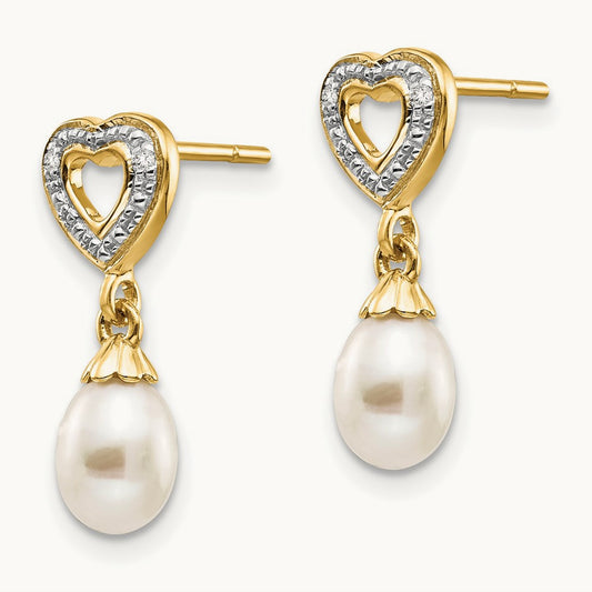 7x5mm Teardrop FWC Pearl .01ct Heart Diamond Dangle Earrings, 14K