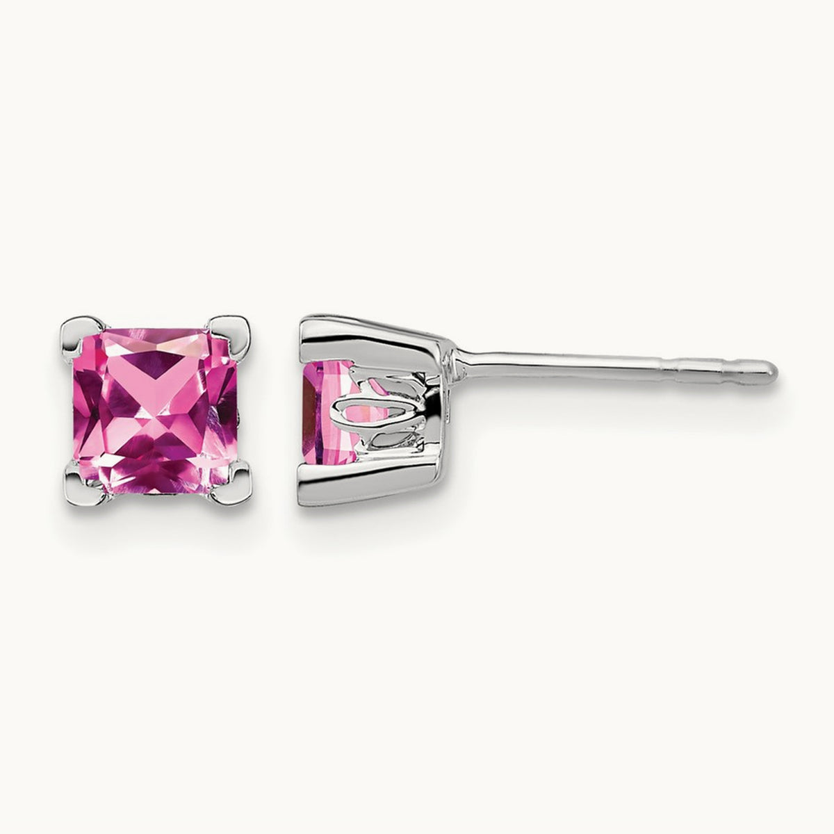 Square Created Pink Sapphire Earrings, 14K White Gold
