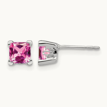Square Created Pink Sapphire Earrings, 14K White Gold