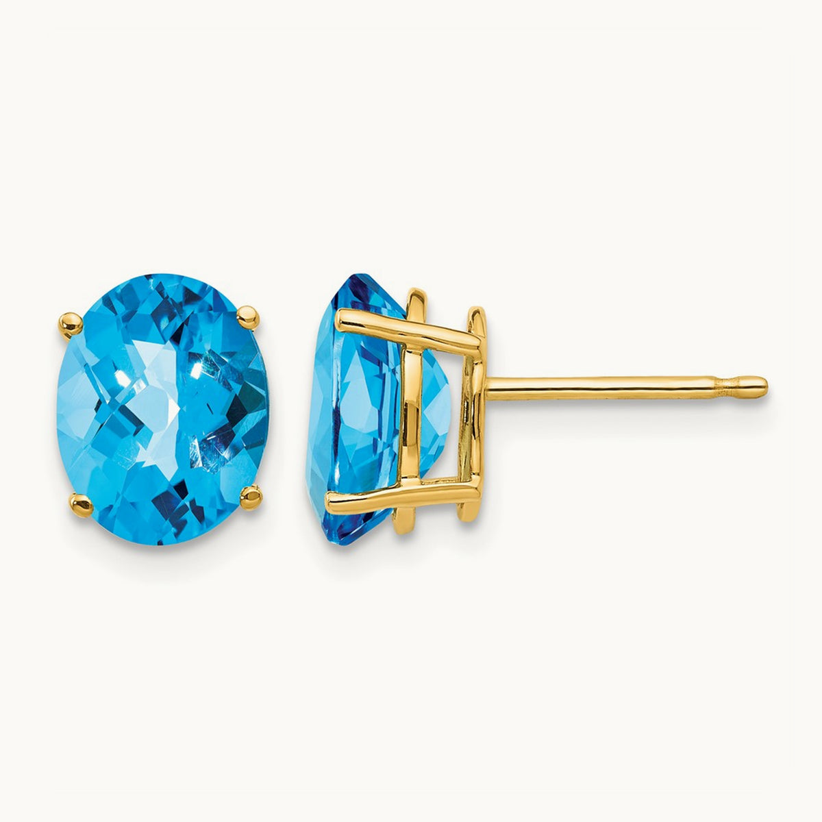 9x7mm Oval Blue Topaz Checker Earrings, 14K