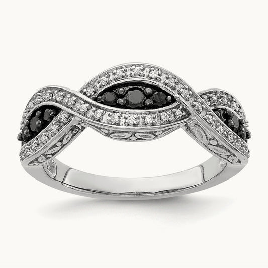 White and Black Diamond Twist Ring, 14K White Gold