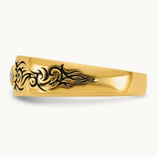 Antiqued IB Goodman Flame Mens Complete 1/5ct Diamond Ring, 14K Yellow Gold