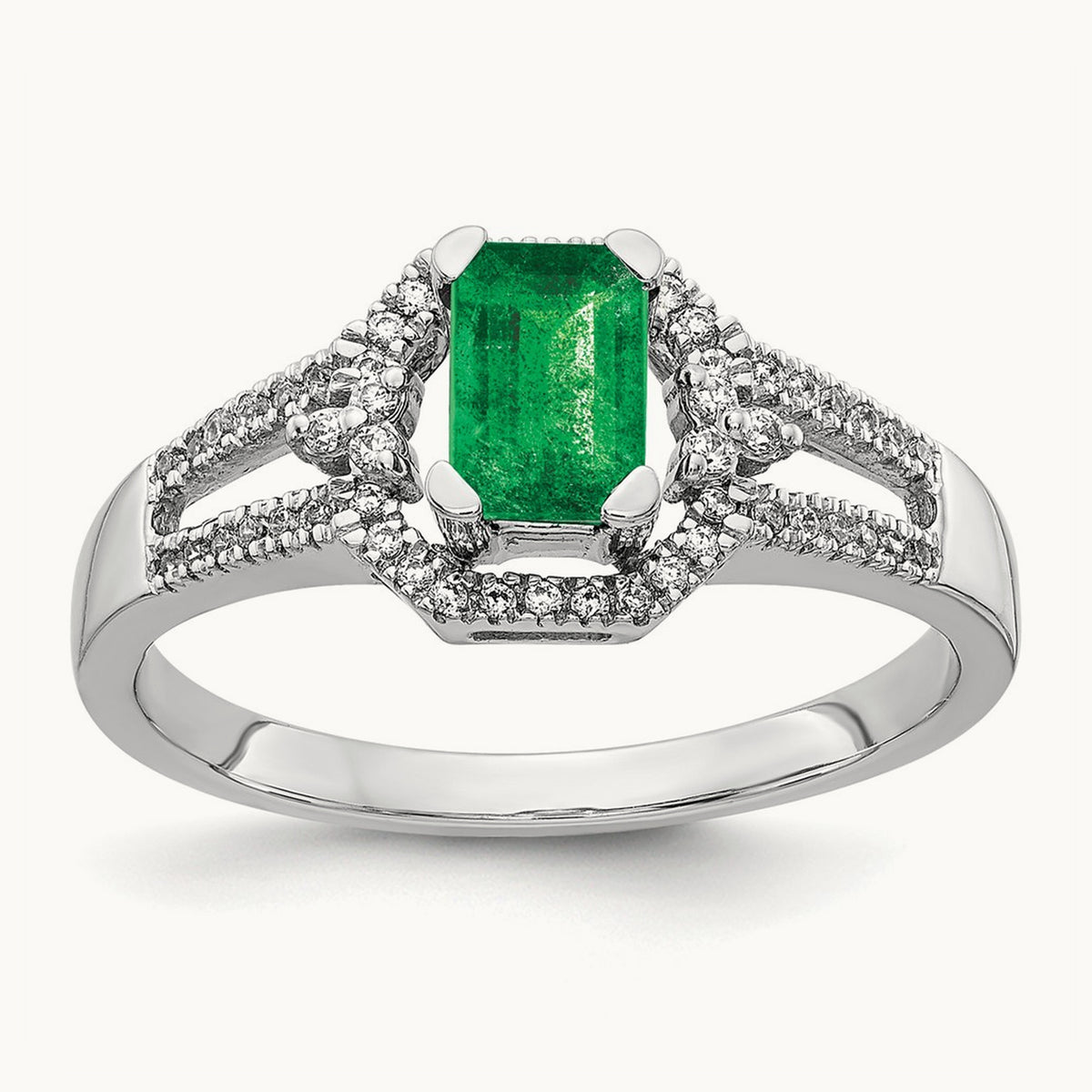 Diamond and Emerald Ring, 14K White Gold