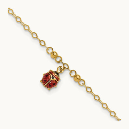Adjustable Enameled Ladybug 9in Plus 1in ext. Anklet, 14K