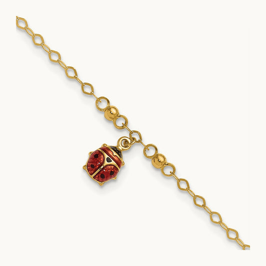 Adjustable Enameled Ladybug 9in Plus 1in ext. Anklet, 14K