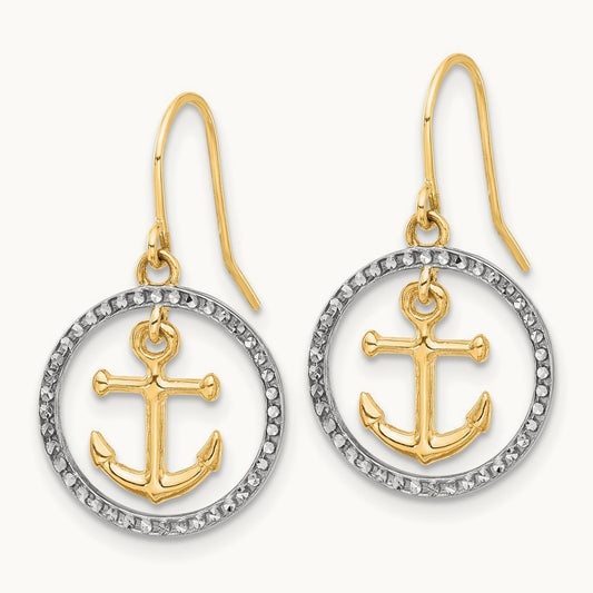 D/C Anchor Dangle in Circle Dangle Earrings, 14K with White Rhodium
