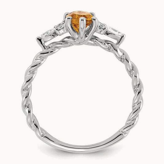 Polished Diamond and Citrine Twisted Ring — 14K White Gold