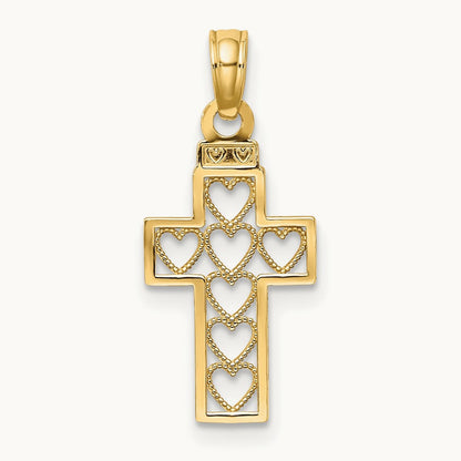 Cut-Out Heart Design Cross Charm, 14K