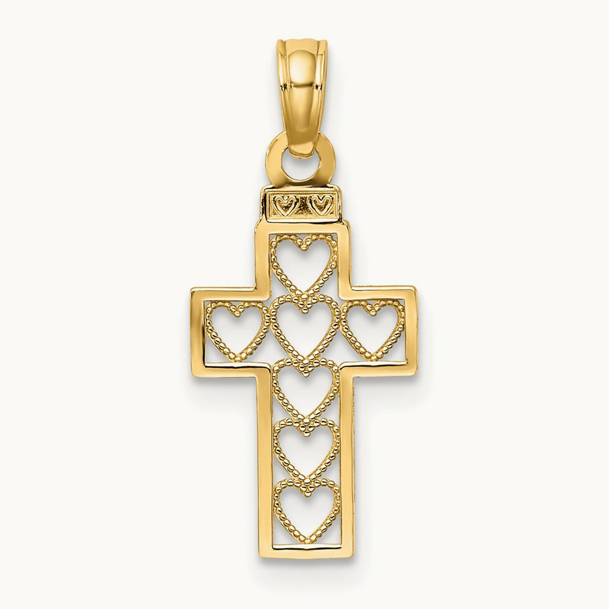 Cut-Out Heart Design Cross Charm, 14K