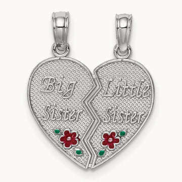 Enamel BIG-LITTLE SISTER Break Apart Heart Charm, 14K White Gold