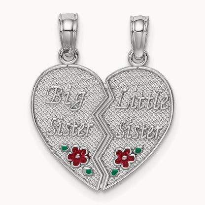 Enamel BIG-LITTLE SISTER Break Apart Heart Charm, 14K White Gold