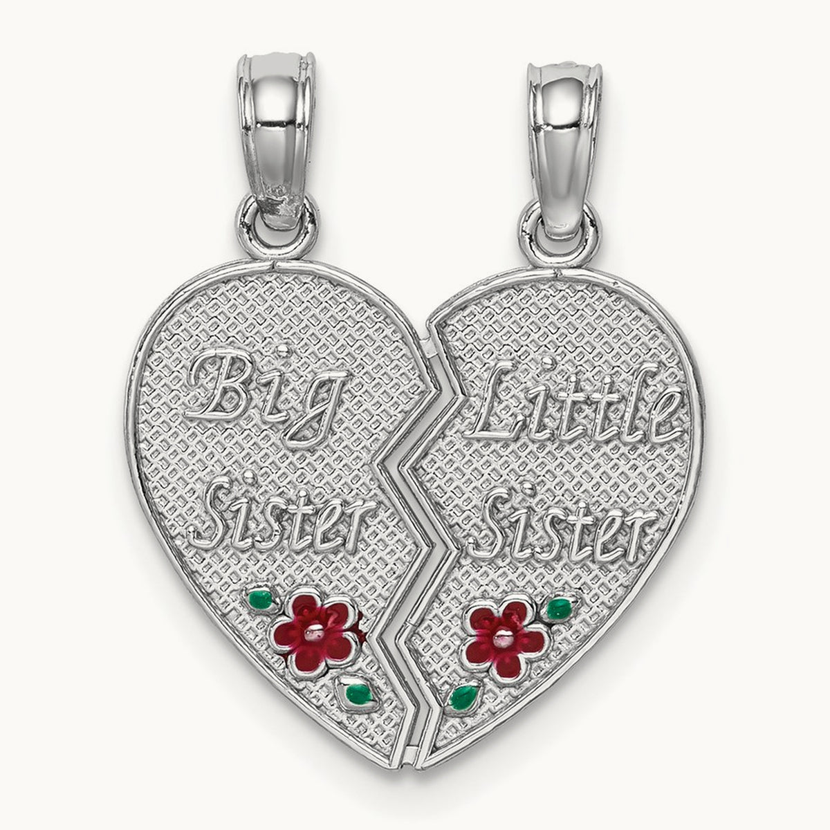 Enamel BIG-LITTLE SISTER Break Apart Heart Charm, 14K White Gold