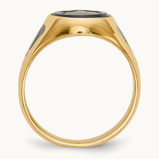 Men's Polished & Textured w/ Black Enamel & Onyx Masonic Ring, 14K