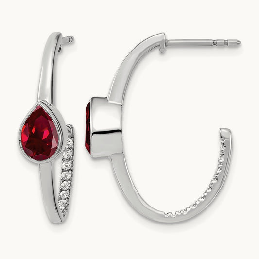 Pear Created Ruby and Diamond J-Hoop Earrings, 14K White Gold