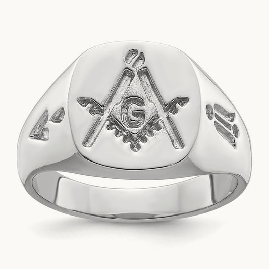Men's Polished and Grooved (No Enamel) Masonic Ring, 14K White Gold