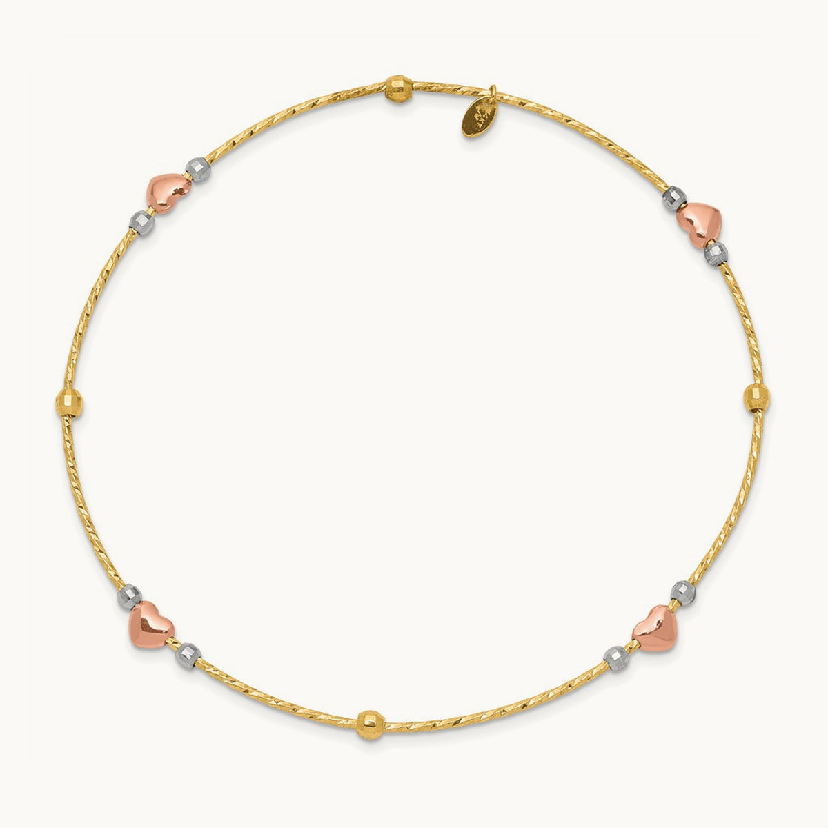 Tri-color Heart Diamond-cut Slip-on Bangle, 14K