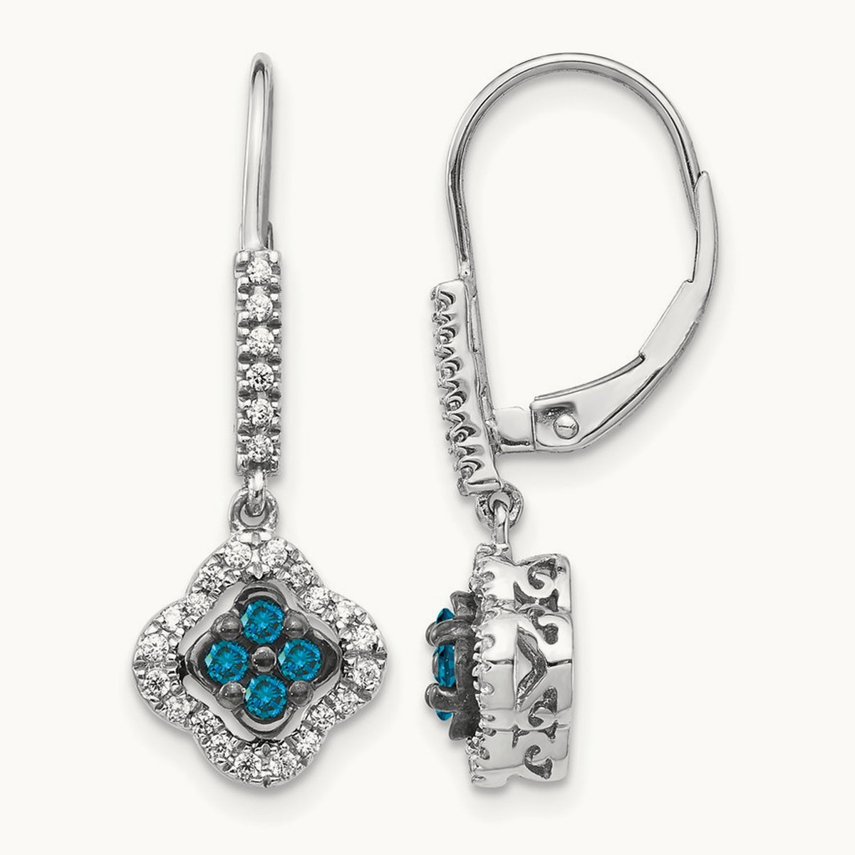 White and Blue Diamond Dangle Leverback Earrings, 14K White Gold