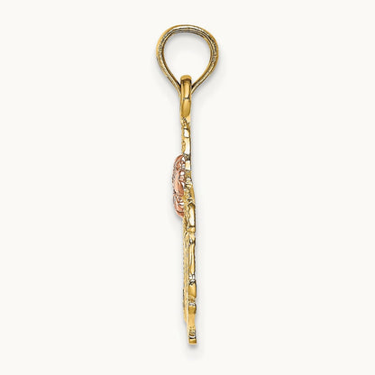 Polished MOM and Flower Pendant, 14K Two-tone