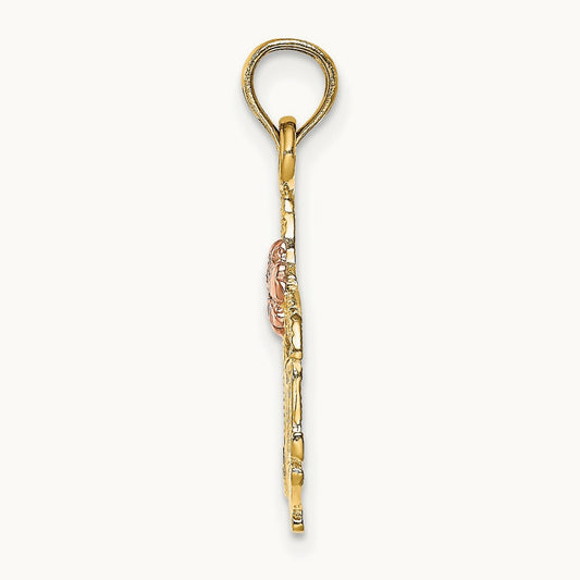 Polished MOM and Flower Pendant, 14K Two-tone