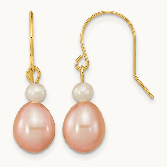 7- White/Pink Round/Rice FW Cultured Pearl Dangle Earrings, 8mm, 14K