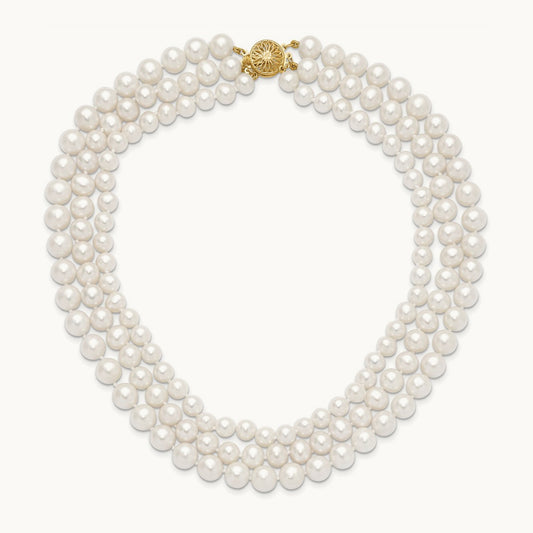 8- White Near Round FW Cultured Pearl 3-Strand Necklace, 9mm, 14K