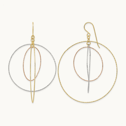 Tri-color Diamond Cut Graduated Circles Shepherd Hook Earrings, 14K