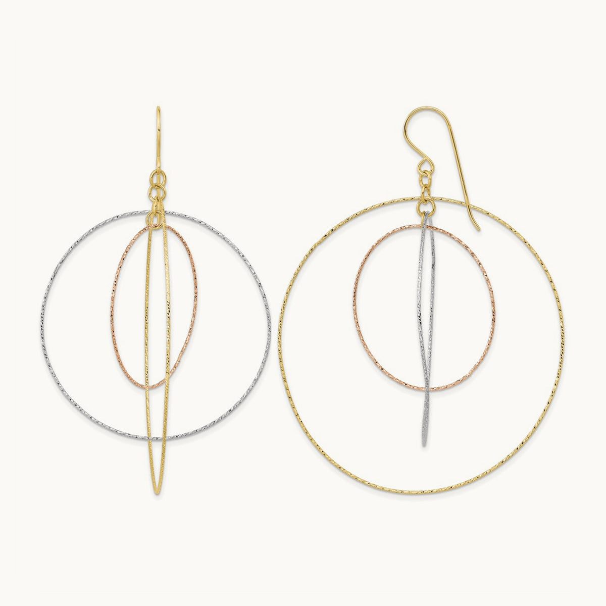 Tri-color Diamond Cut Graduated Circles Shepherd Hook Earrings, 14K