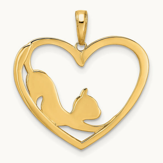 Diamond-cut Cat Stretching in Heart Pendant, 14K with White Rhodium