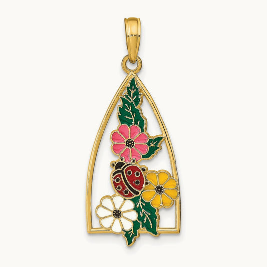 Enameled Ladybug and Flowers Triangle Pendant, 14K