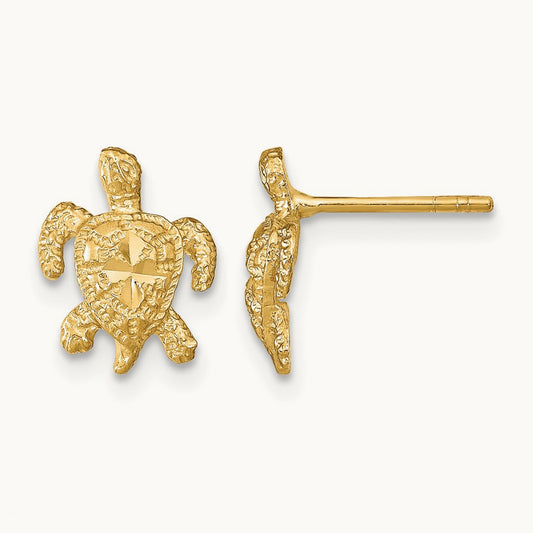 Polished Diamond-cut Sea Turtle Post Earrings, 14K