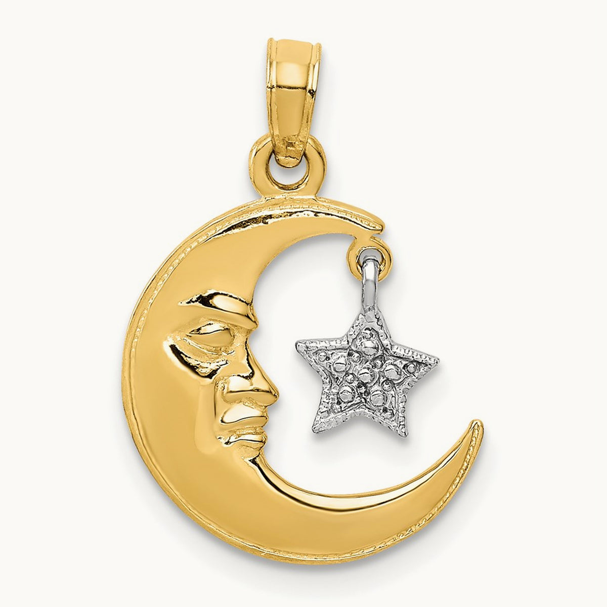 Polished Half Moon and Star Pendant, 14K Two-tone