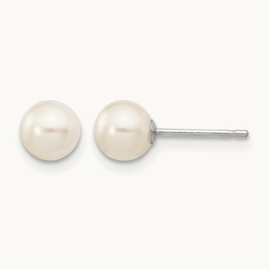 5- White Round FW Cultured Pearl Stud Post Earrings, 6mm, 14K White Gold